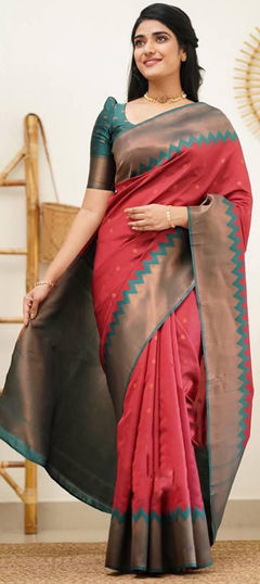 Red and Maroon color Saree in Art Silk, Silk fabric with Weaving work