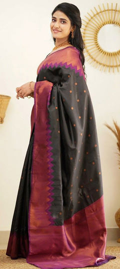 Black and Grey color Saree in Art Silk, Silk fabric with Weaving work