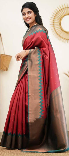 Red and Maroon color Saree in Art Silk, Silk fabric with Weaving work