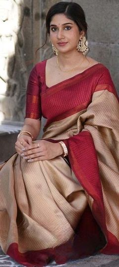 Beige and Brown color Saree in Art Silk, Silk fabric with Weaving work