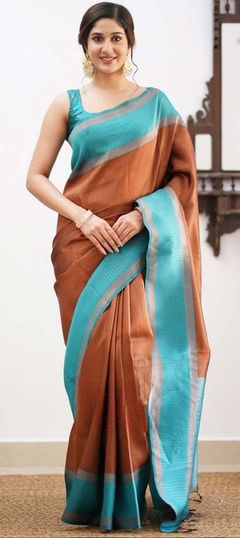 Beige and Brown color Saree in Art Silk, Silk fabric with Weaving work