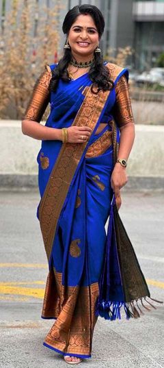 Party Wear, Traditional Blue color Saree in Art Silk, Silk fabric with South Weaving work : 1904233