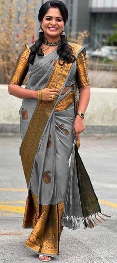 Black and Grey color Saree in Art Silk, Silk fabric with Weaving work