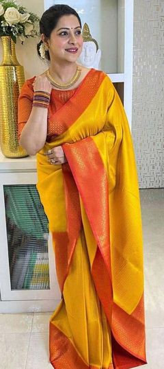 Yellow color Saree in Art Silk, Silk fabric with Weaving work