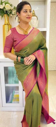 Green color Saree in Art Silk, Silk fabric with Weaving work