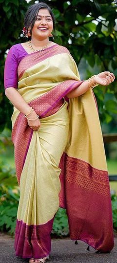 Beige and Brown color Saree in Art Silk, Silk fabric with Weaving work