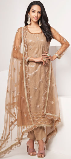 Beige and Brown color Salwar Kameez in Net fabric with Embroidered, Sequence, Thread work