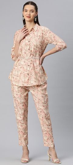 Summer Beige and Brown, Pink and Majenta color Co-ords Set in Muslin fabric with Printed work : 1904447