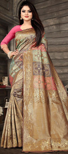 Gold color Saree in Art Silk, Silk fabric with Weaving, Zari work