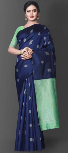 Blue color Saree in Kanchipuram Silk, Silk fabric with Weaving, Zari work