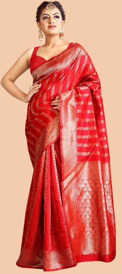 Red and Maroon color Saree in Art Silk, Silk fabric with Weaving, Zari work