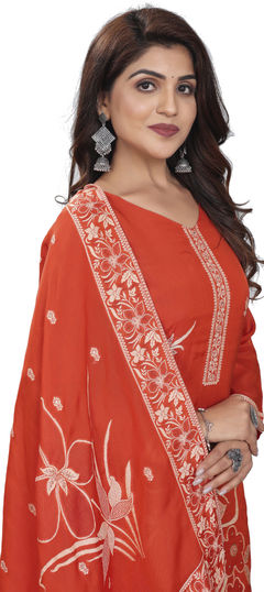 Orange color Salwar Kameez in Viscose fabric with Weaving, Zari work