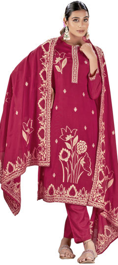 Red and Maroon color Salwar Kameez in Viscose fabric with Weaving, Zari work