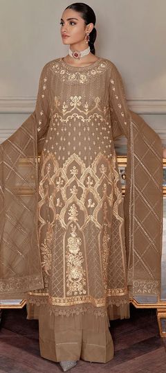 Beige and Brown color Salwar Kameez in Net fabric with Embroidered, Sequence, Thread work