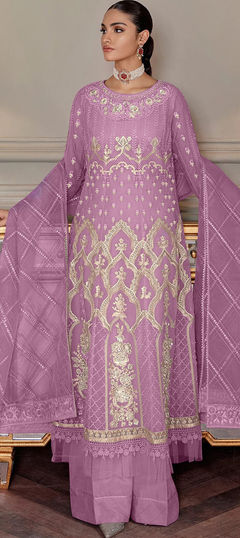 Pink and Majenta color Salwar Kameez in Net fabric with Embroidered, Sequence, Thread work