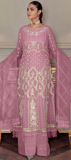 Pink and Majenta color Salwar Kameez in Net fabric with Embroidered, Sequence, Thread work