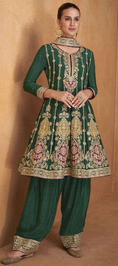 Engagement, Festive, Reception Green color Salwar Kameez in Art Silk fabric with Palazzo, Straight Embroidered, Resham, Thread work : 1904676