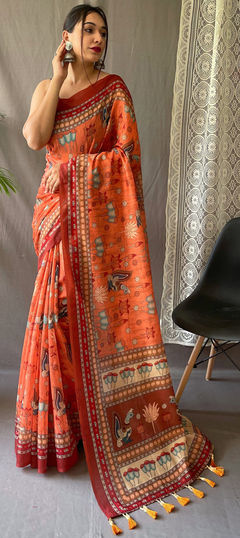 Orange color Saree in Cotton fabric with Printed work