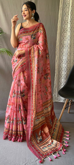 Pink and Majenta color Saree in Cotton fabric with Printed work