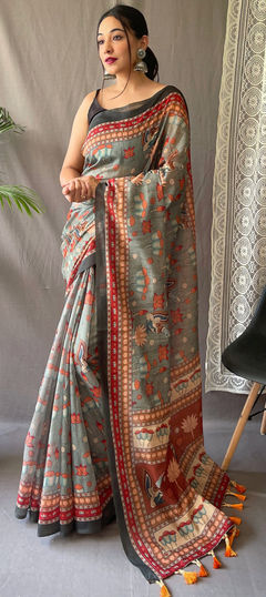 Black and Grey color Saree in Cotton fabric with Printed work