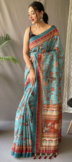 Blue color Saree in Cotton fabric with Printed work