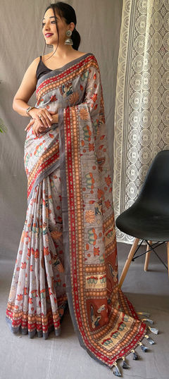 Black and Grey color Saree in Cotton fabric with Printed work