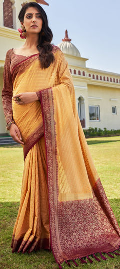 Beige and Brown color Saree in Georgette fabric with Weaving work