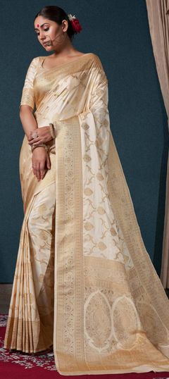 White and Off White color Saree in Satin Silk, Silk fabric with Weaving, Zari work