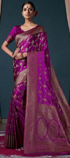 Purple and Violet color Saree in Satin Silk, Silk fabric with Weaving, Zari work