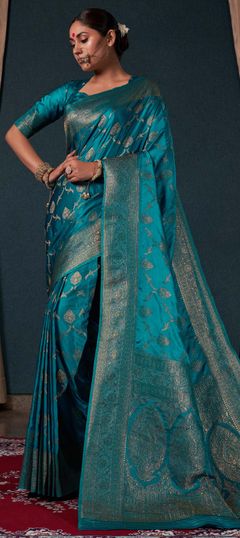 Blue color Saree in Satin Silk, Silk fabric with Weaving, Zari work