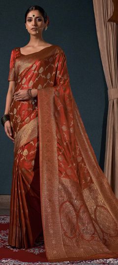 Orange color Saree in Satin Silk, Silk fabric with Weaving, Zari work