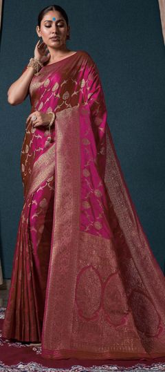 Pink and Majenta color Saree in Satin Silk, Silk fabric with Weaving, Zari work