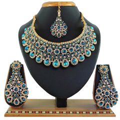 Gold Rodium Polish Blue color Necklace in Metal Alloy studded with CZ Diamond