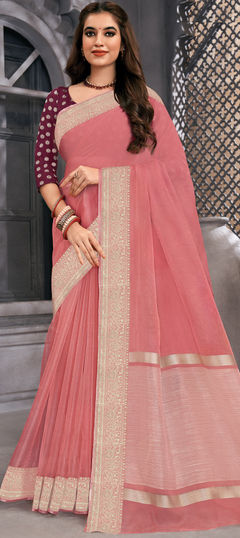 Pink and Majenta color Saree in Organza Silk, Silk fabric with Weaving, Zari work