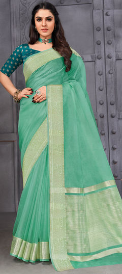 Green color Saree in Organza Silk, Silk fabric with Weaving, Zari work