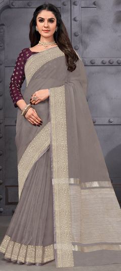 Black and Grey color Saree in Organza Silk, Silk fabric with Weaving, Zari work