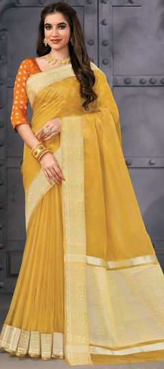 Yellow color Saree in Organza Silk, Silk fabric with Weaving, Zari work