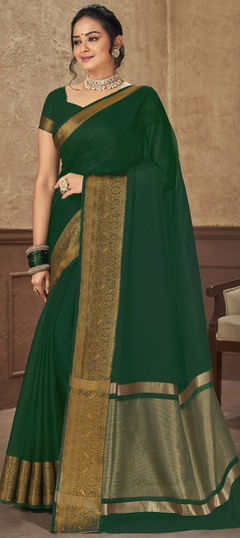 Party Wear, Traditional Green color Saree in Organza Silk, Silk fabric with South Weaving, Zari work : 1904988