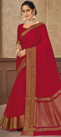 Party Wear, Traditional Red and Maroon color Saree in Organza Silk, Silk fabric with South Weaving, Zari work : 1904990