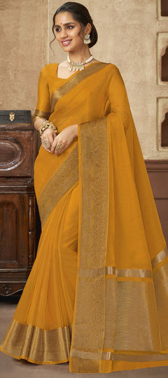 Party Wear, Traditional Yellow color Saree in Organza Silk, Silk fabric with South Weaving, Zari work : 1904995