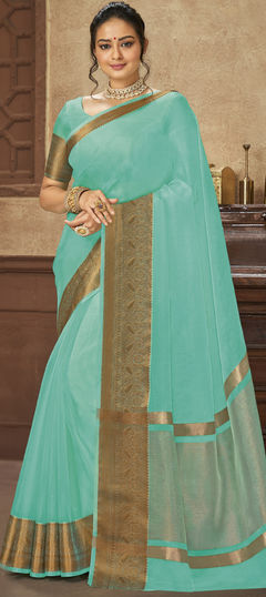 Party Wear, Traditional Blue color Saree in Organza Silk, Silk fabric with South Weaving, Zari work : 1904998