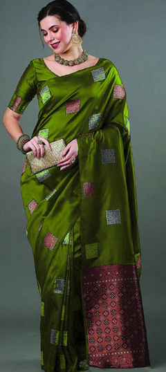 Green color Saree in Art Silk, Silk fabric with Weaving, Zari work