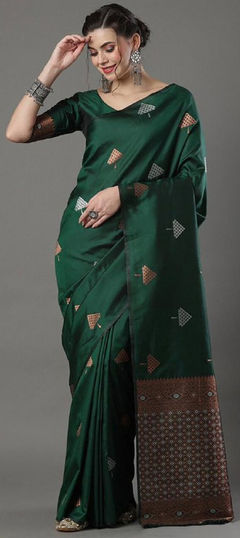 Green color Saree in Art Silk, Silk fabric with Weaving, Zari work