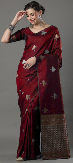 Red and Maroon color Saree in Art Silk, Silk fabric with Weaving, Zari work