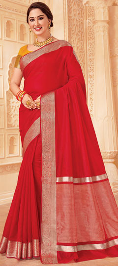 Red and Maroon color Saree in Raw Silk, Silk fabric with Weaving, Zari work