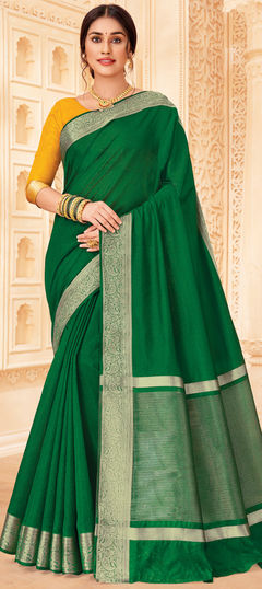 Green color Saree in Raw Silk, Silk fabric with Weaving, Zari work