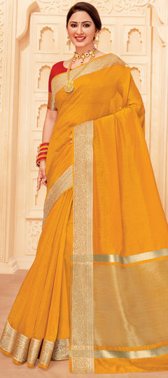 Yellow color Saree in Raw Silk, Silk fabric with Weaving, Zari work