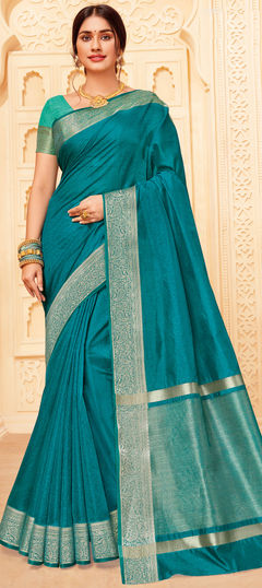 Blue color Saree in Raw Silk, Silk fabric with Weaving, Zari work