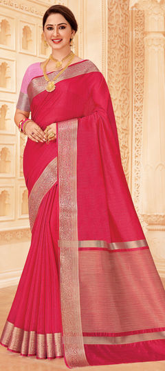 Pink and Majenta color Saree in Raw Silk, Silk fabric with Weaving, Zari work