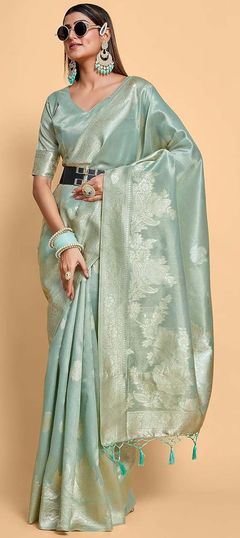 Green color Saree in Banarasi Silk, Silk fabric with Weaving, Zari work